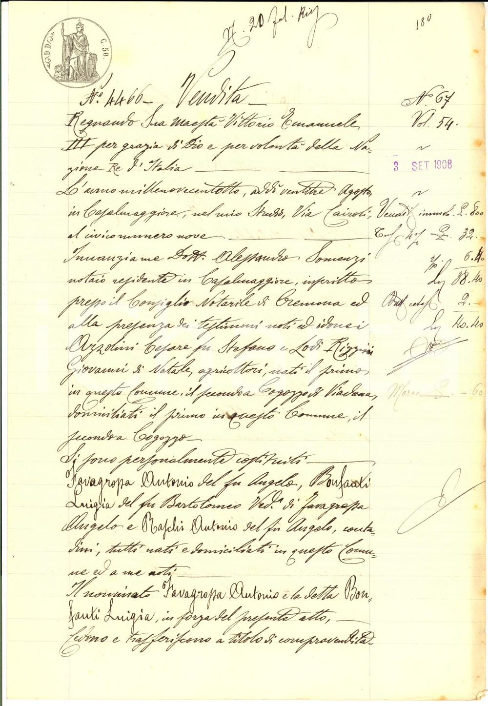 Documento originale, autentico 1908 RIVAROLO DEL RE CR Antonio FAVAGROSSA vende campo a Enrico MONTI 1