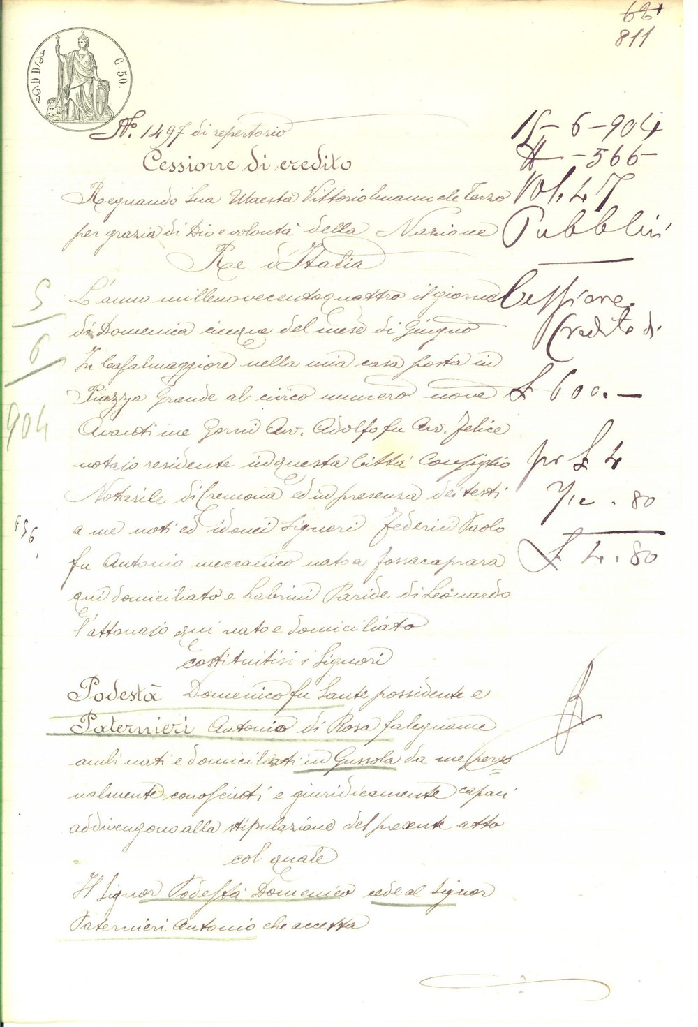 Documento originale, autentico 1904 GUSSOLA  Cessione di credito Domenico PODESTA  ad Antonio PATERNIERI 1