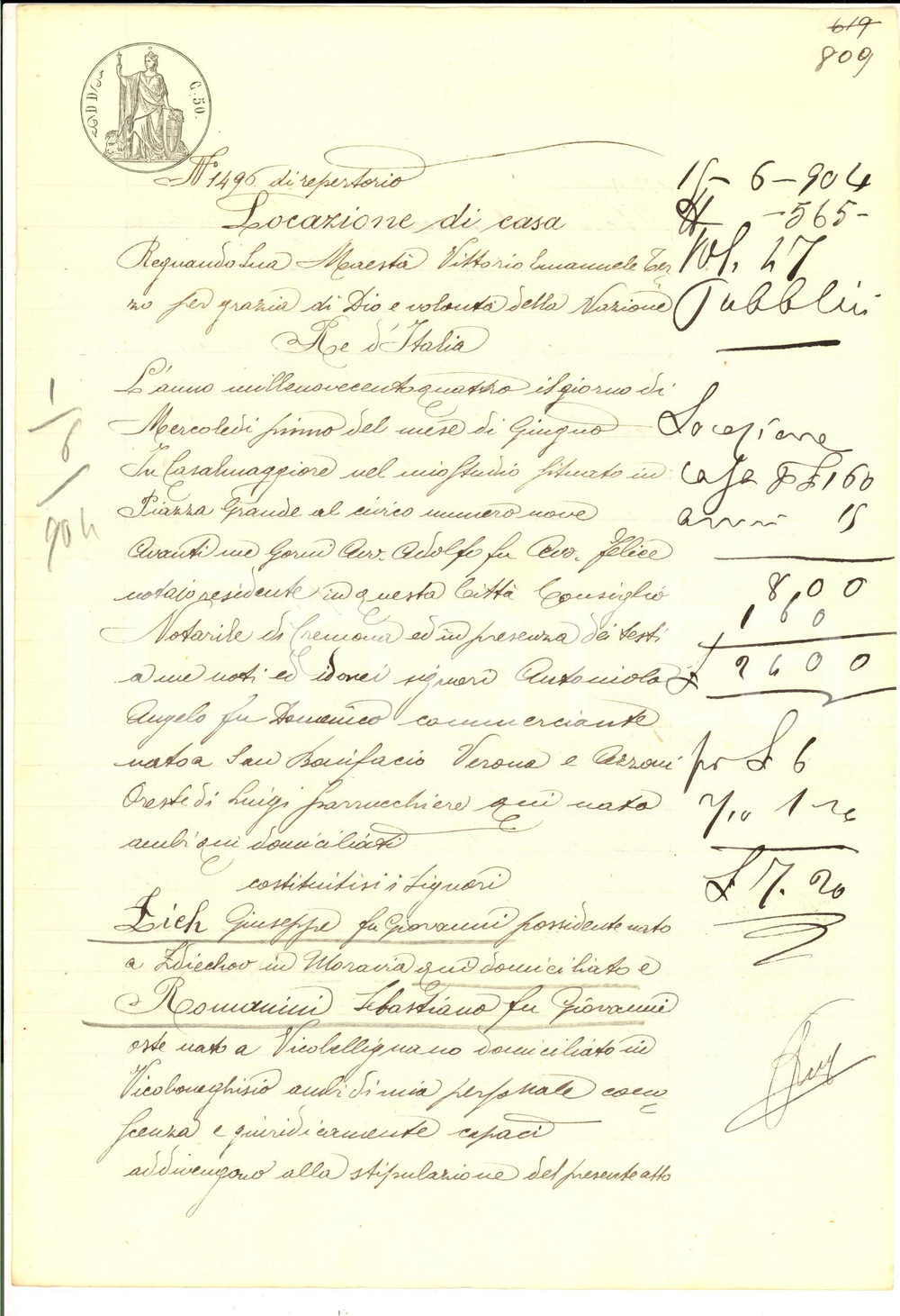 Documento originale, autentico 1904 VICOBONEGHISIO CR Giuseppe ZICH affitta casa a Sebastiano ROMANINI 1