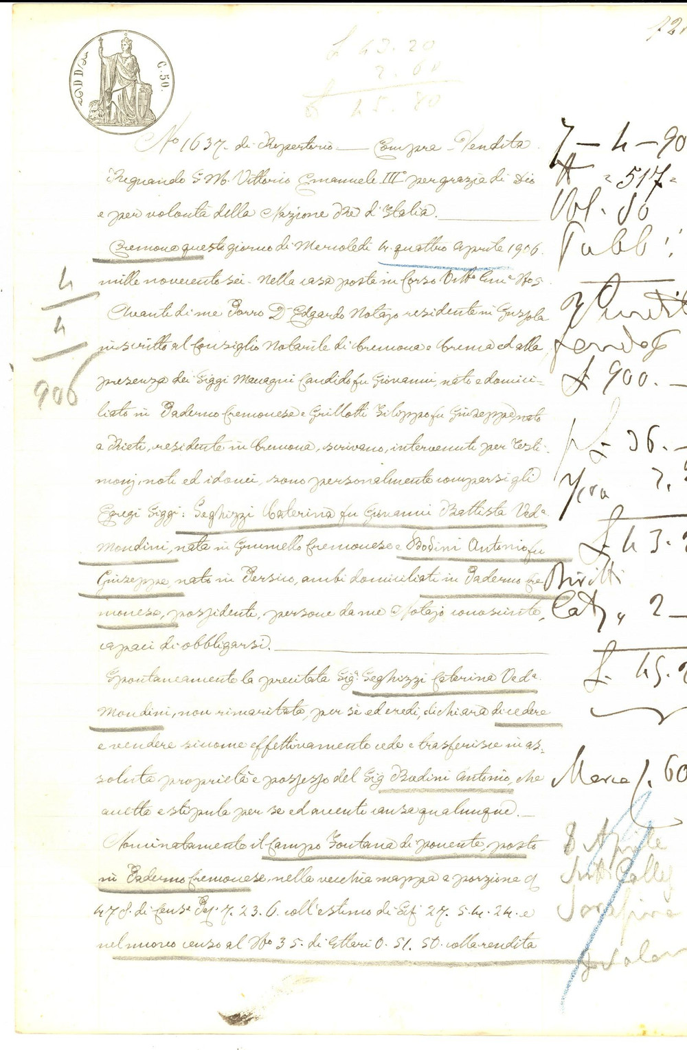 Documento originale, autentico 1906 PADERNO CREMONESE Caterina SEGHIZZI vende campo FONTANA ad Antonio BODINI 1