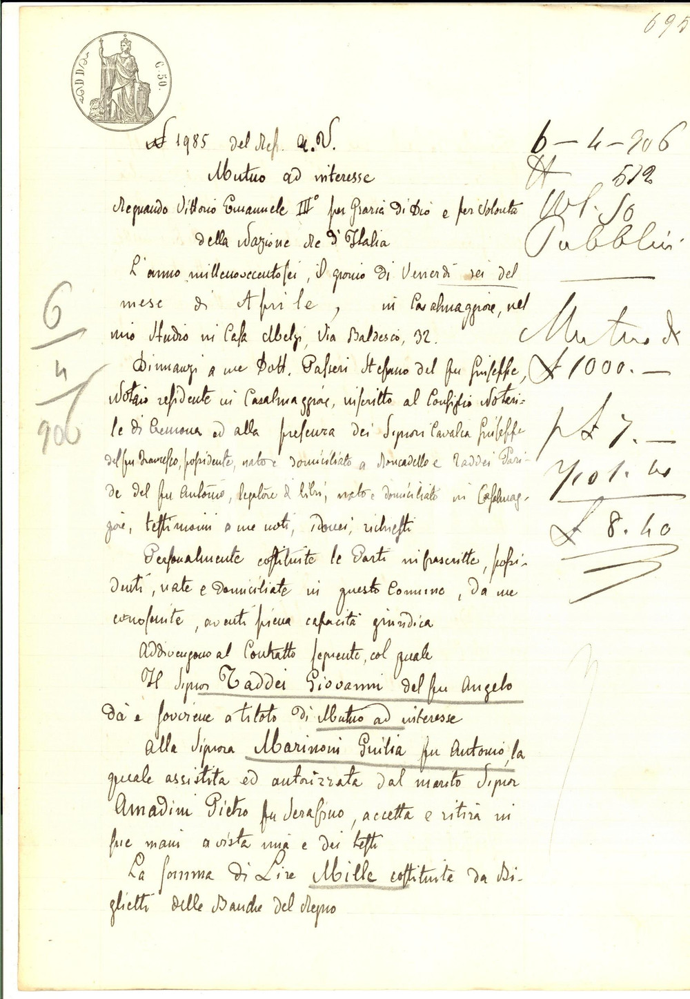 Documento originale, autentico 1906 CASALMAGGIORE CR Contratto mutuo tra Giovanni TADDEI e Giulia MARINONI 1