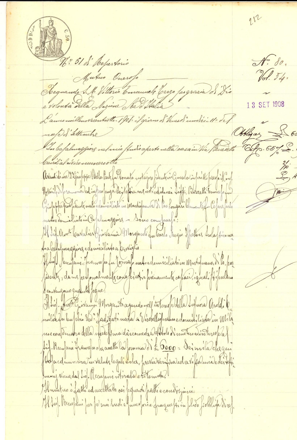 Documento originale, autentico 1908 MARTIGNANA DI PO Francesco RECUSANI riceve prestito da Emilia AROLDI 1