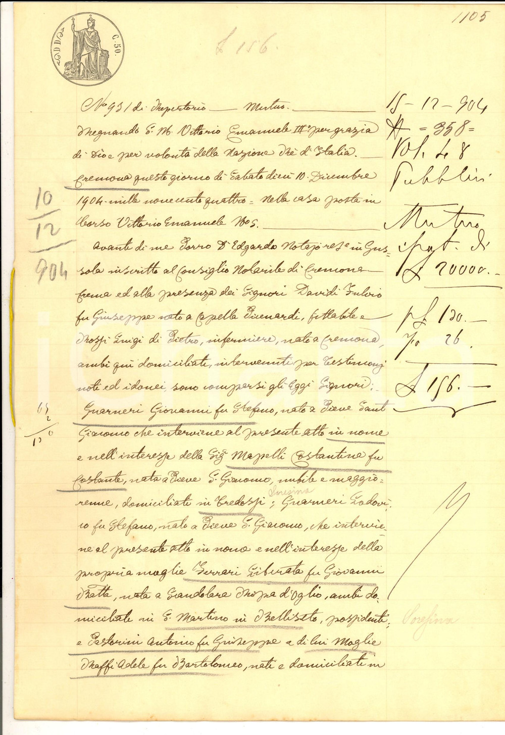 Documento originale, autentico 1904 CREMONA Prestito di Giovanni GUARNERI ad Antonio PASTORINI e Adele RAFFI 1