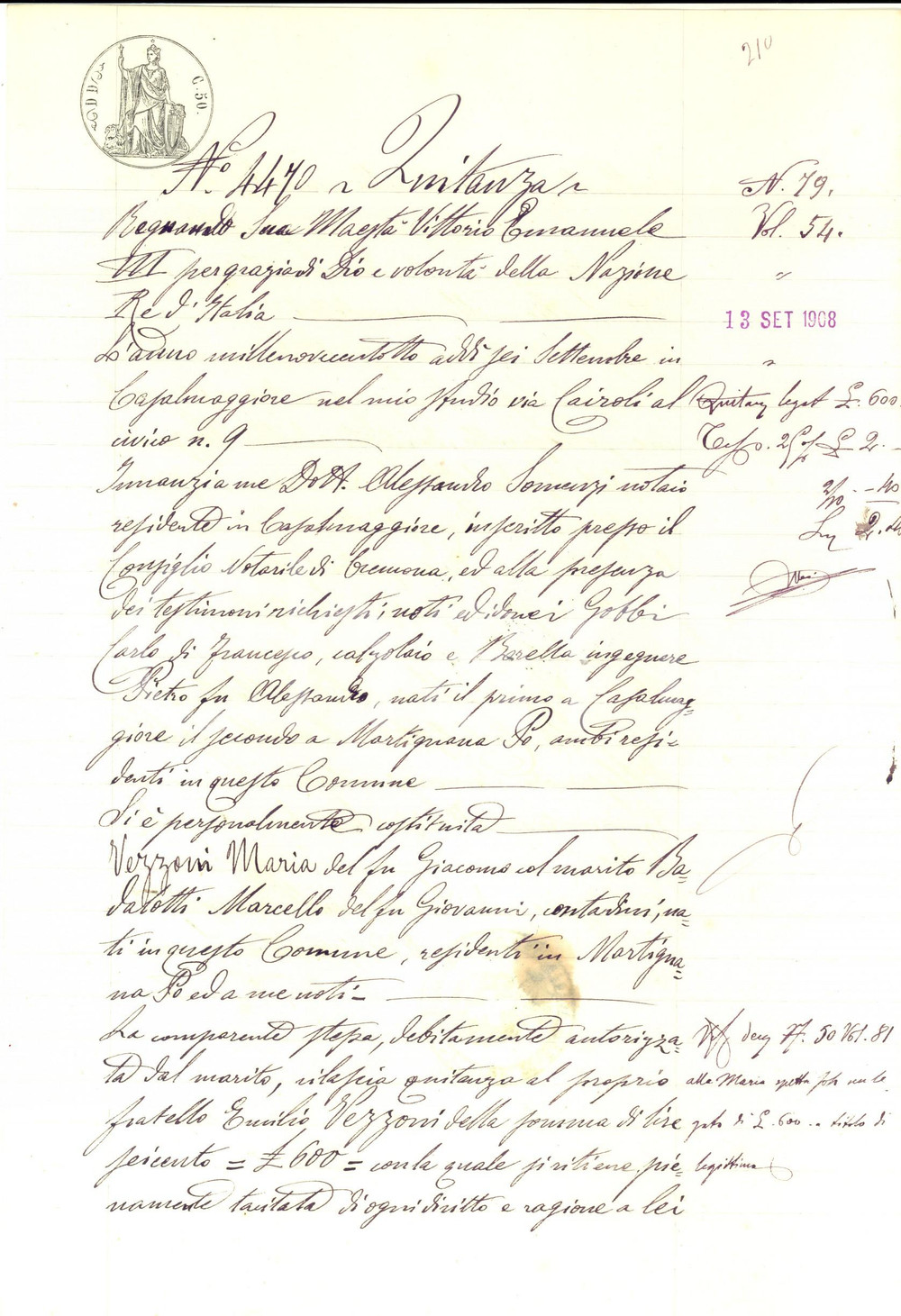 Documento originale, autentico 1908 MARTIGNANA DI PO Quietanza di Maria VEZZONI al fratello Emilio Manoscritto 1