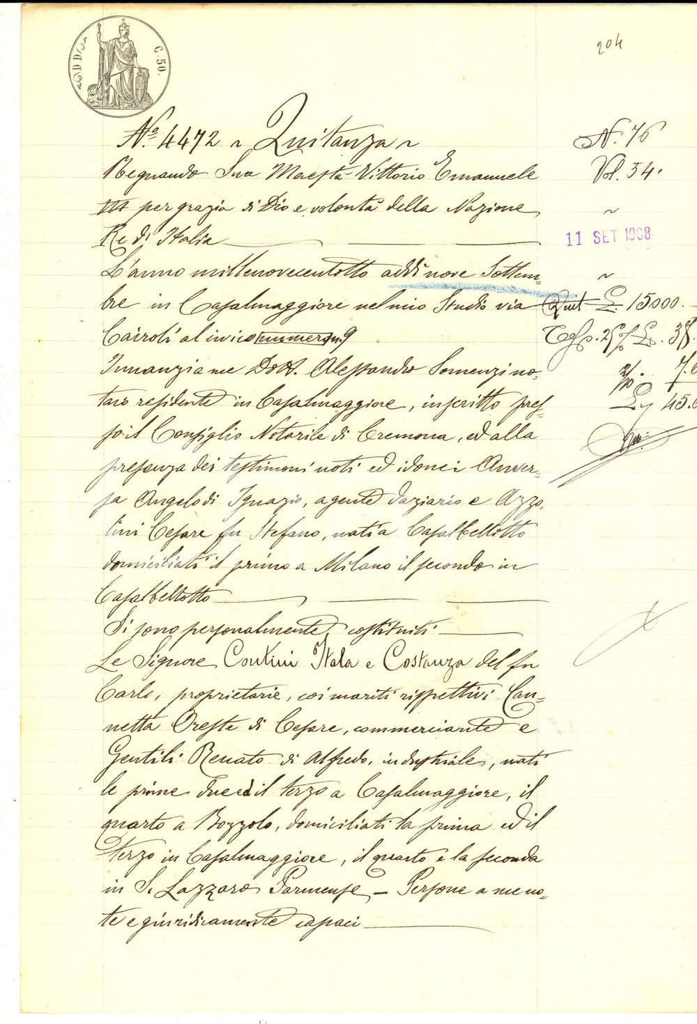 Documento originale, autentico 1908 CASALMAGGIORE Quietanza Itala e Costanza CONTINI ad Aristodemo BOZZETTI 1