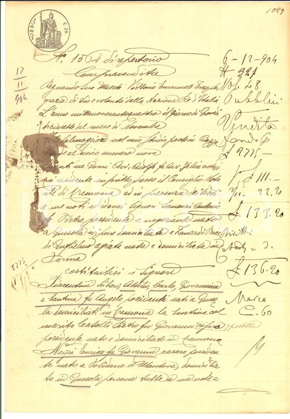 Documento originale, autentico 1904 GUSSOLA Fratelli PIACENTINI vendono parte campo CARRERE a Enrico NEGRI 1