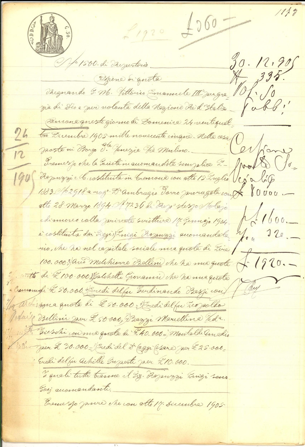 Documento originale, autentico 1905 CREMONA Cessione di quote per societÃ  MOLINO RAPUZZI Manoscritto 20 pp. 1