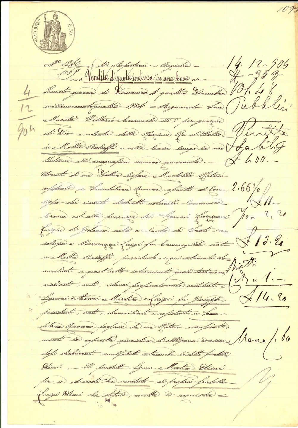 Documento originale, autentico 1904 SCANDOLARA RAVARA Martire AIMI vende parte di casa al fratello Luigi 1