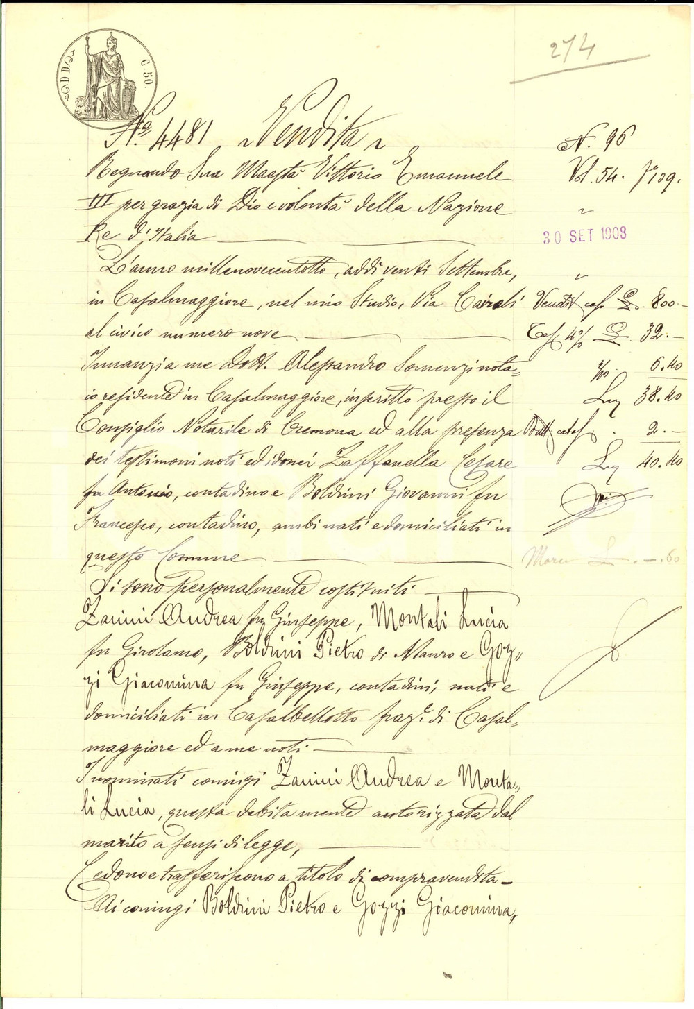 Documento originale, autentico 1908 CASALBELLOTTO CR Andrea ZANINI e Lucia MONTALI vendono casa a BOLDRINI 1