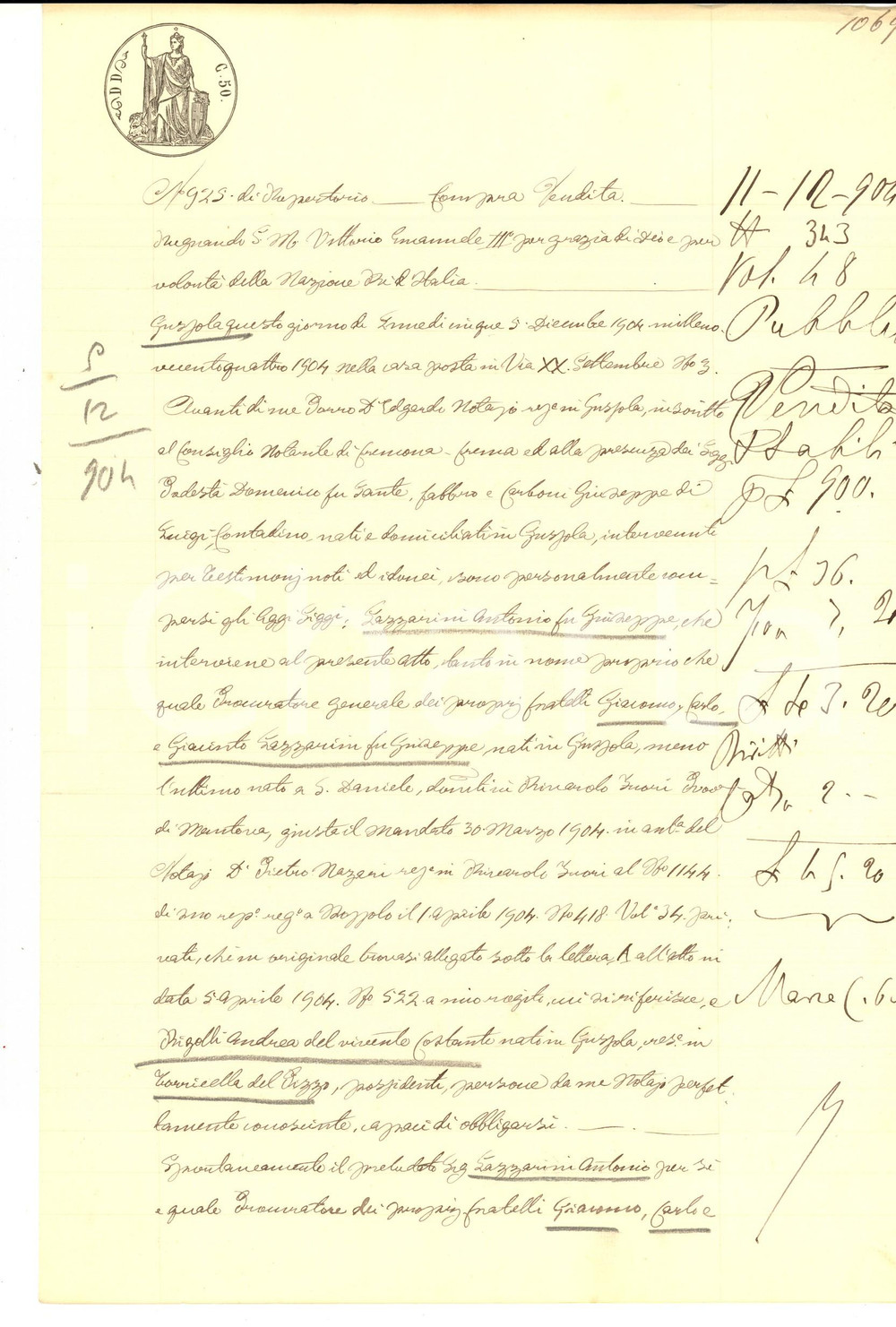 Documento originale, autentico 1904 GUSSOLA CR Antonio LAZZARINI vende parte campo CHIOSO ad Andrea RIGOLLI 1