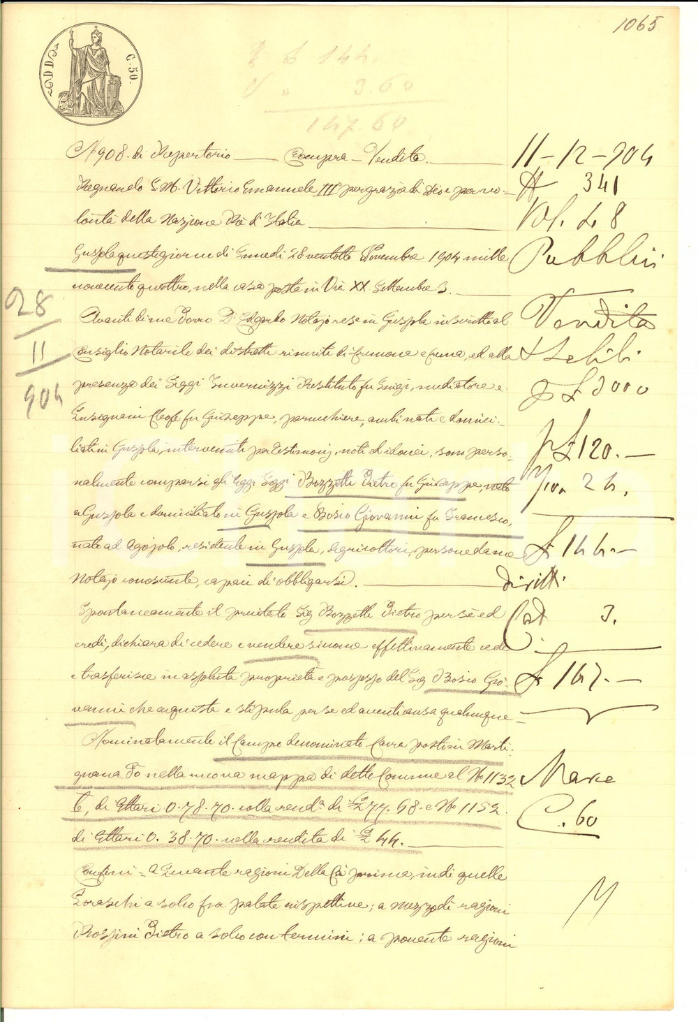 Documento originale, autentico 1904 MARTIGNANA PO Pietro BOZZETTI vende CAVA POSTINI a Giovanni BOSIO 1