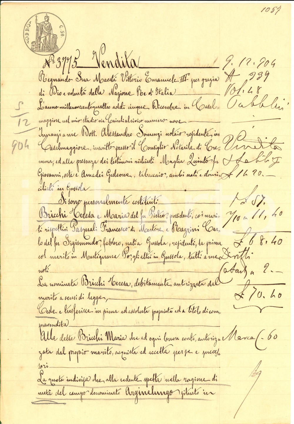 Documento originale, autentico 1904 SCANDOLARA RAVARA Teresa BRICCHI vende alla sorella campo ARGINELUNGO 1