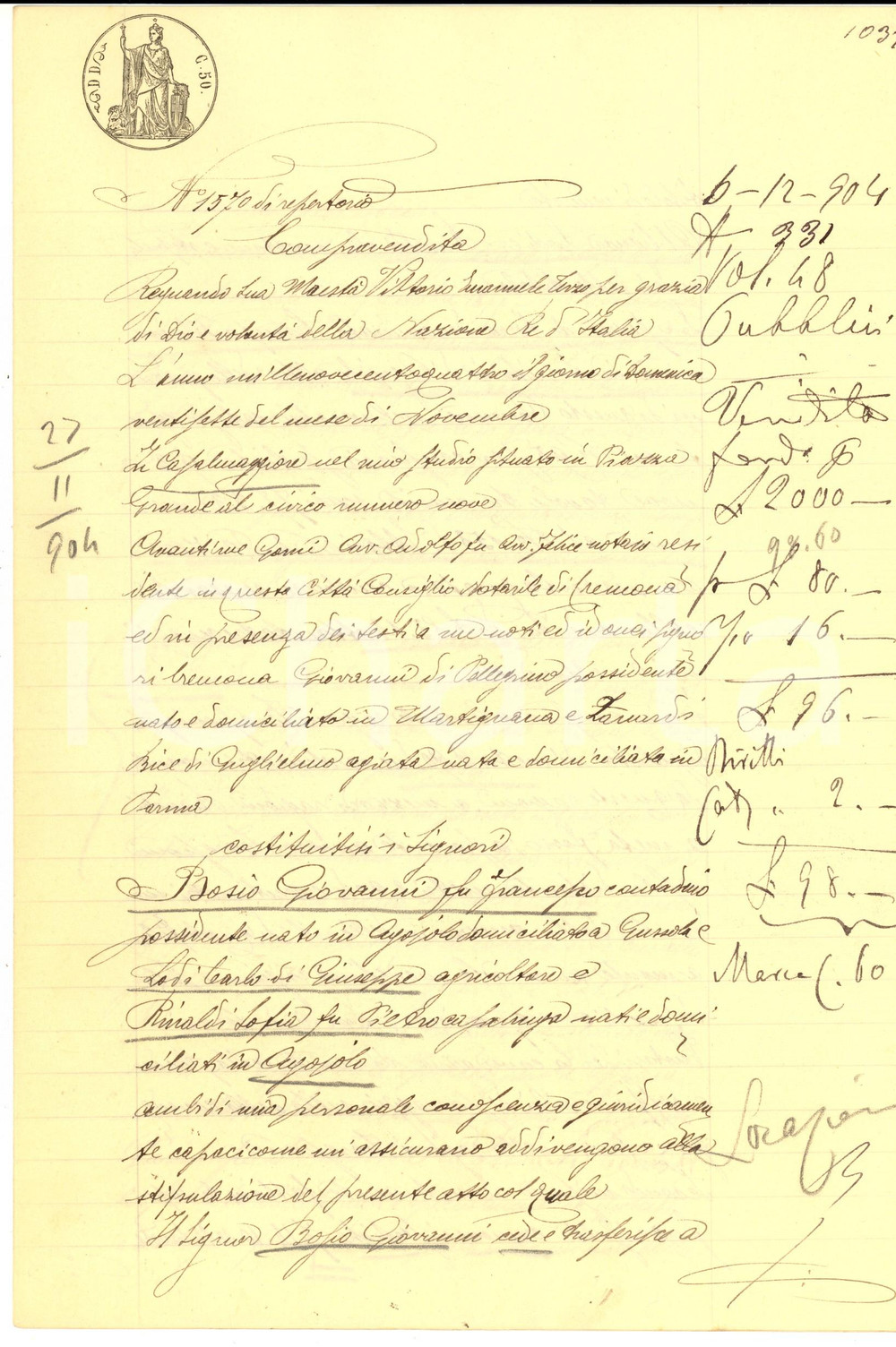 Documento originale, autentico 1904 AGOIOLO CR Giovanni BOSIO vende campo MADONNINA a LODI e RINALDI 1