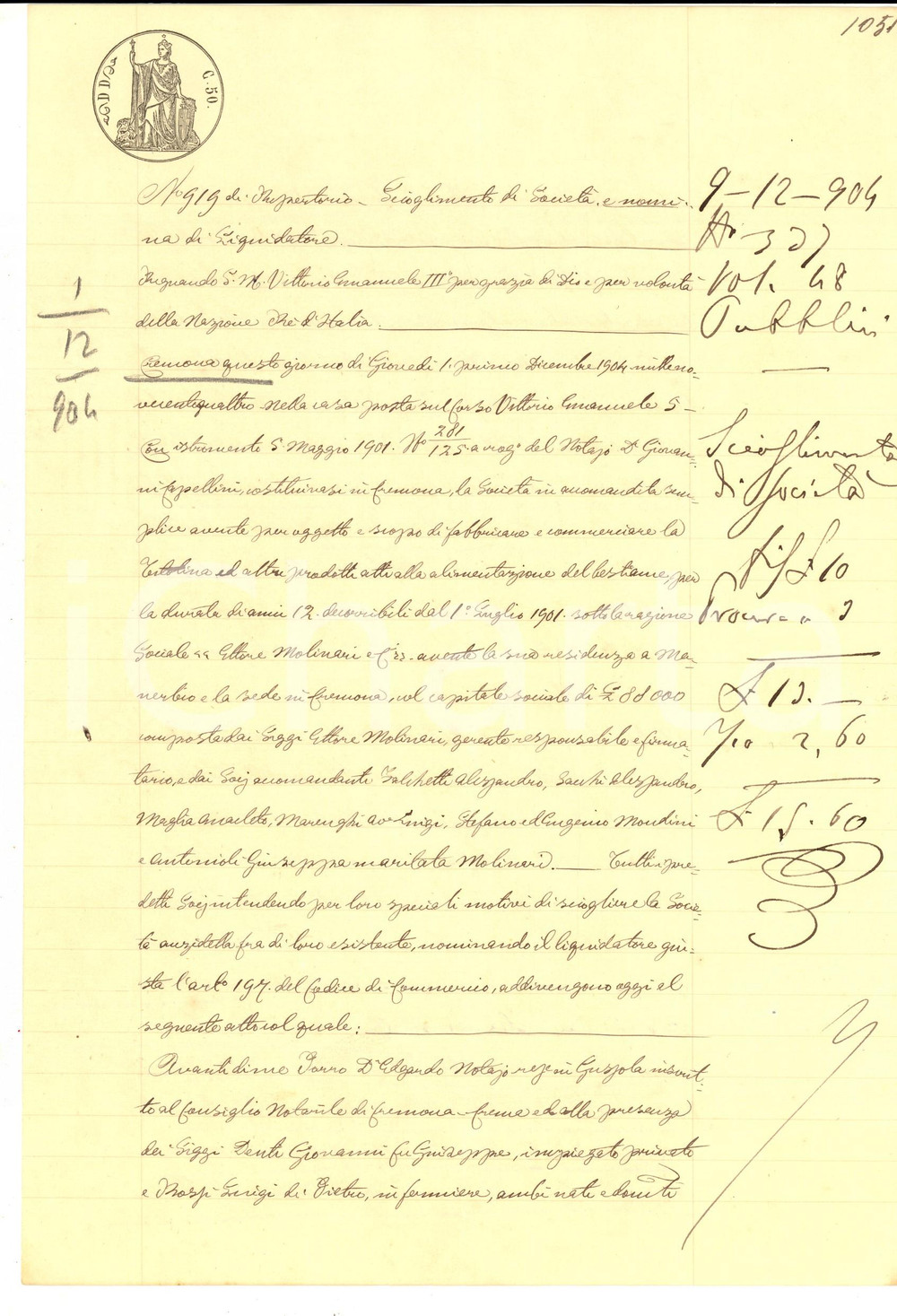 Documento originale, autentico 1904 CREMONA Scioglimento della società ETTORE MOLINARI per la cura del bestiame 1