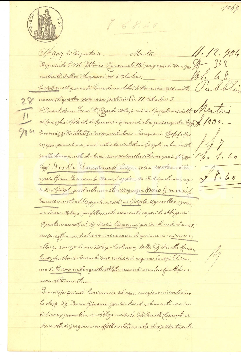 Documento originale, autentico 1904 GUSSOLA CR Prestito di Clementina RIVELLI a Giovanni BOSIO Manoscritto 1