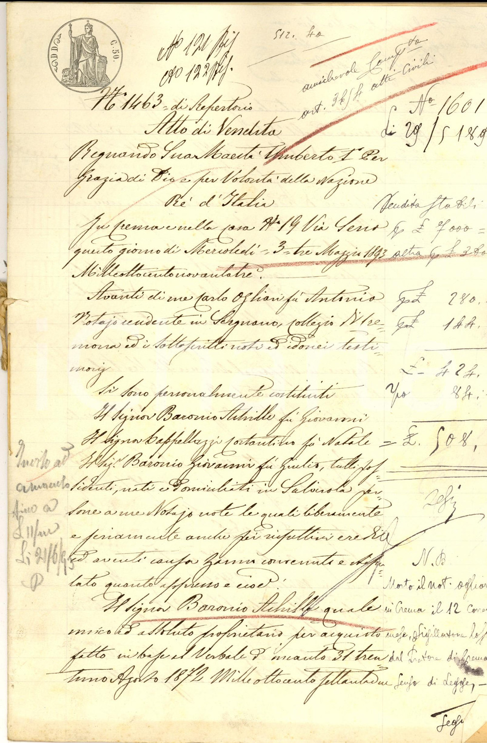 Documento originale, autentico 1893 SALVIROLA CR Achille BARONIO vende campi a Giovanni BARONIO 16 pp. 1