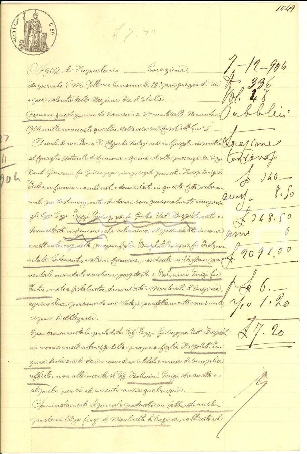 Documento originale, autentico 1904 MONTICELLI D ONGINA Giuseppe PIZZI affitta poderetto a Luigi BOLMINI 1