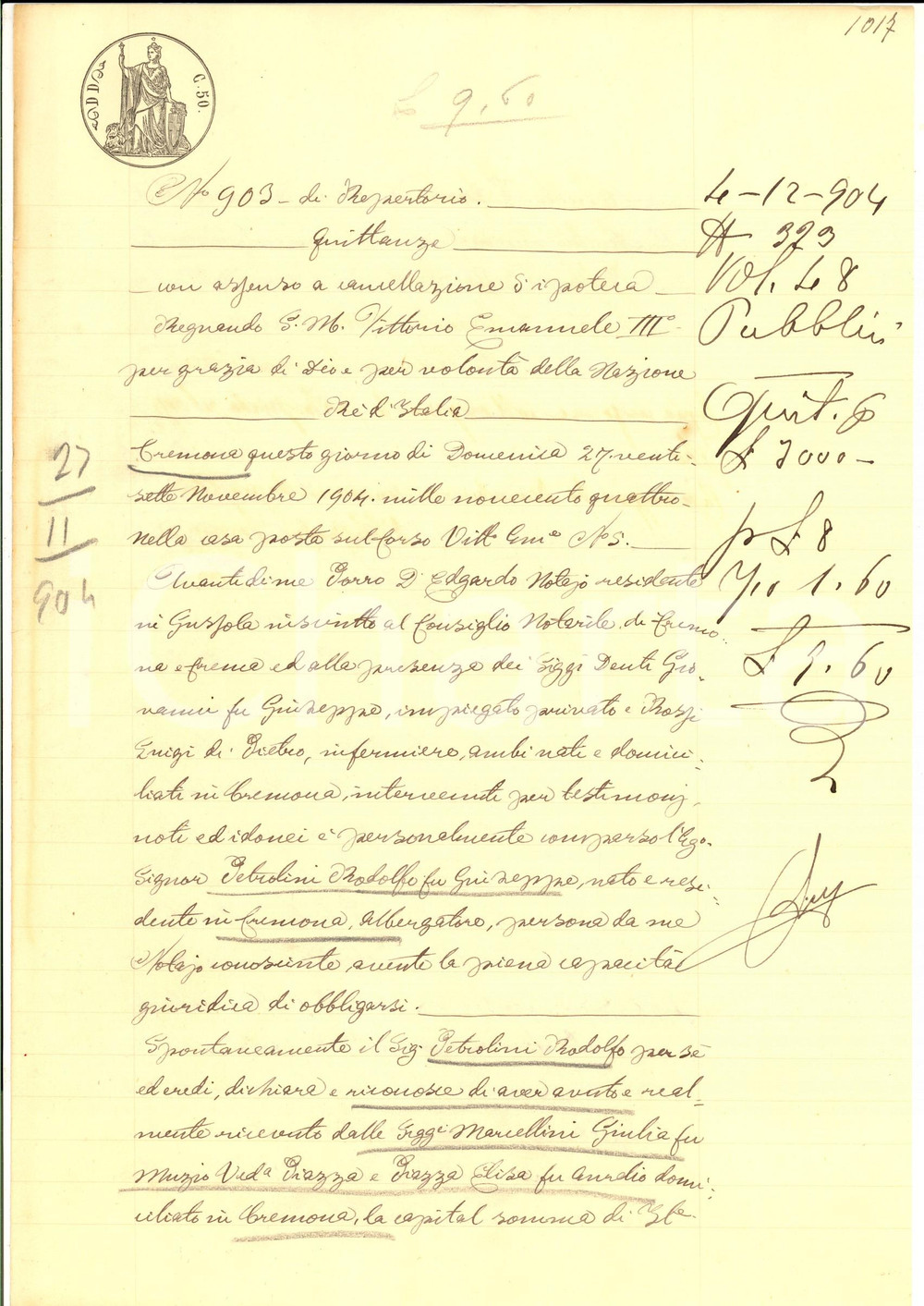 Documento originale, autentico 1904 CREMONA Quietanza albergatore Rodolfo PETROLINI  a Giulia ed Elisa PIAZZA 1