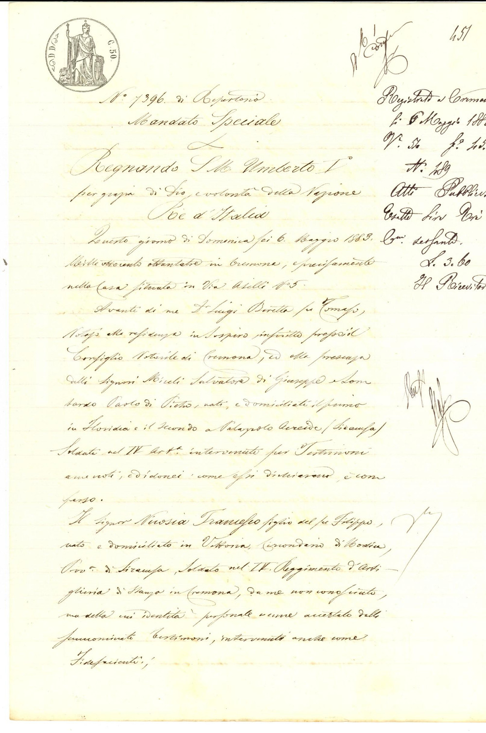 Documento originale, autentico 1883 CREMONA Mandato speciale soldato Francesco NICOSIA a Orazio BUSACCA 1