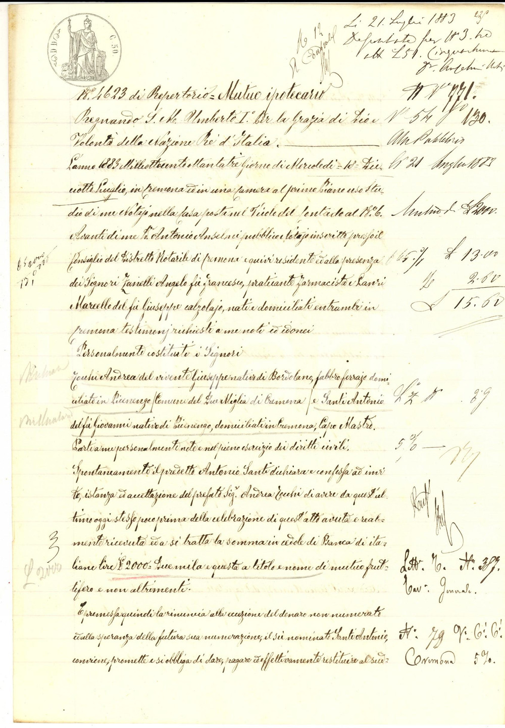 Documento originale, autentico 1883 CREMONA Contratto di mutuo tra Antonio SANTI e Andrea ZOCCHI Manoscritto 1