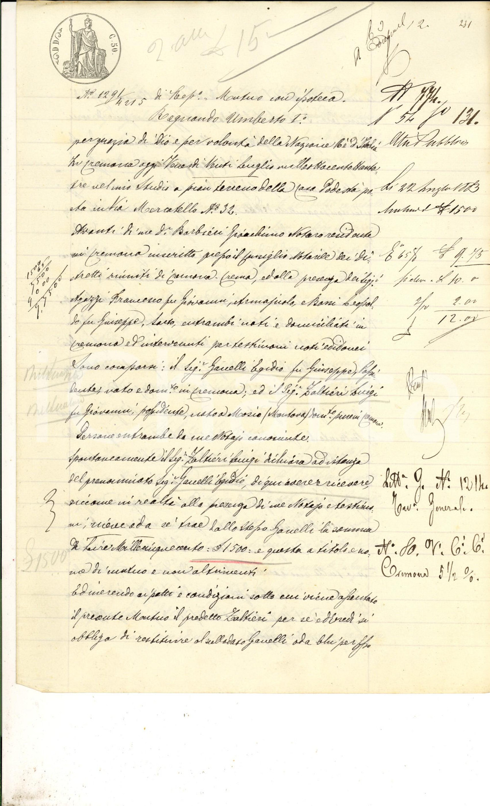 Documento originale, autentico 1883 GUSSOLA CR Contratto di prestito tra Luigi ZALTIERI ed Egidio GANELLI 1