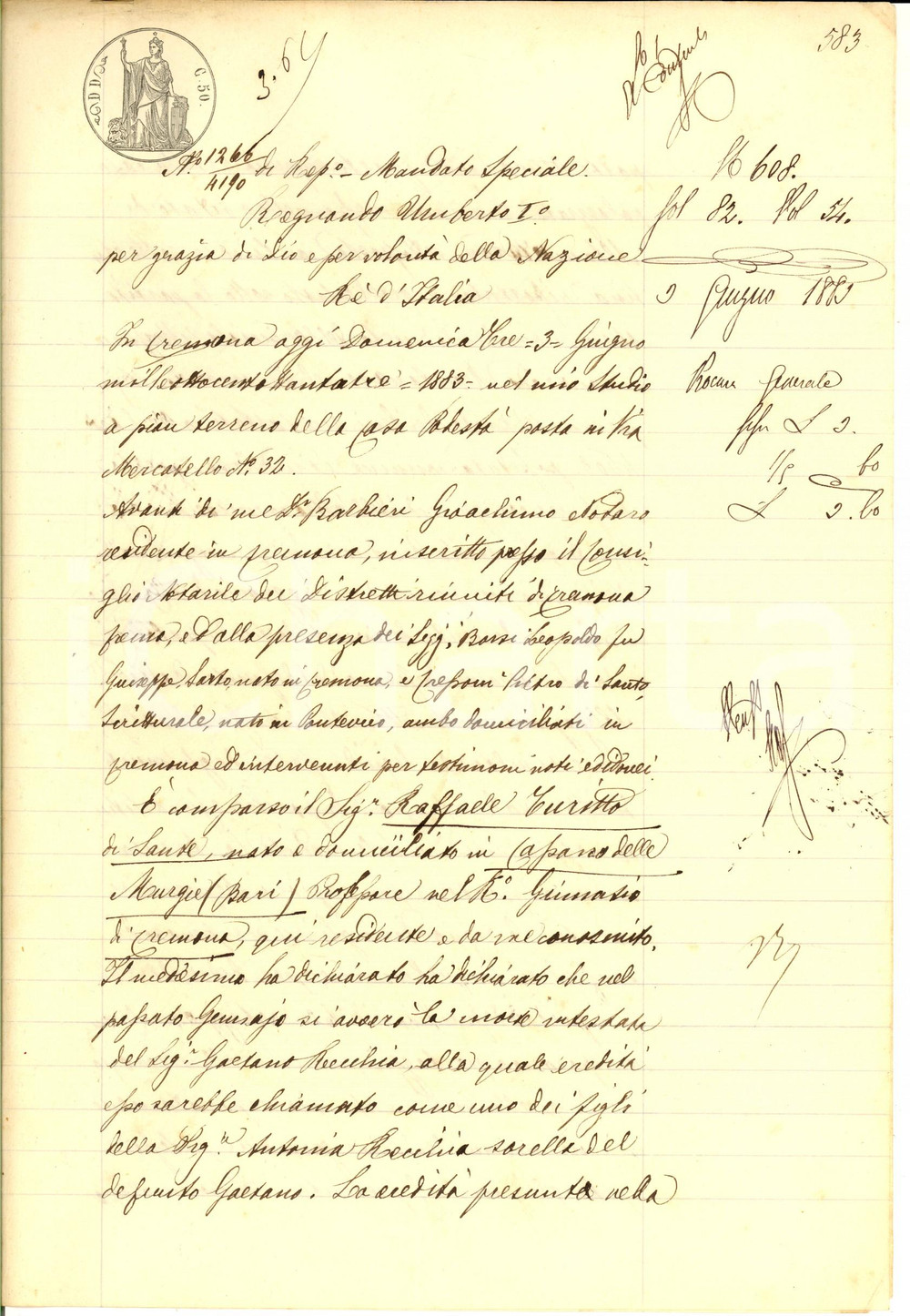 Documento originale, autentico 1883 CREMONA Procura generale del prof. Raffaele TURITTO a Cosimo GUERRIERI 1