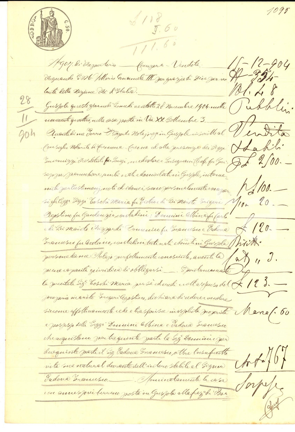 Documento originale, autentico 1904 BORGOLIETO/ GUSSOLA CR Maria TOSCHI vende casa a Francesco PADOVA 1