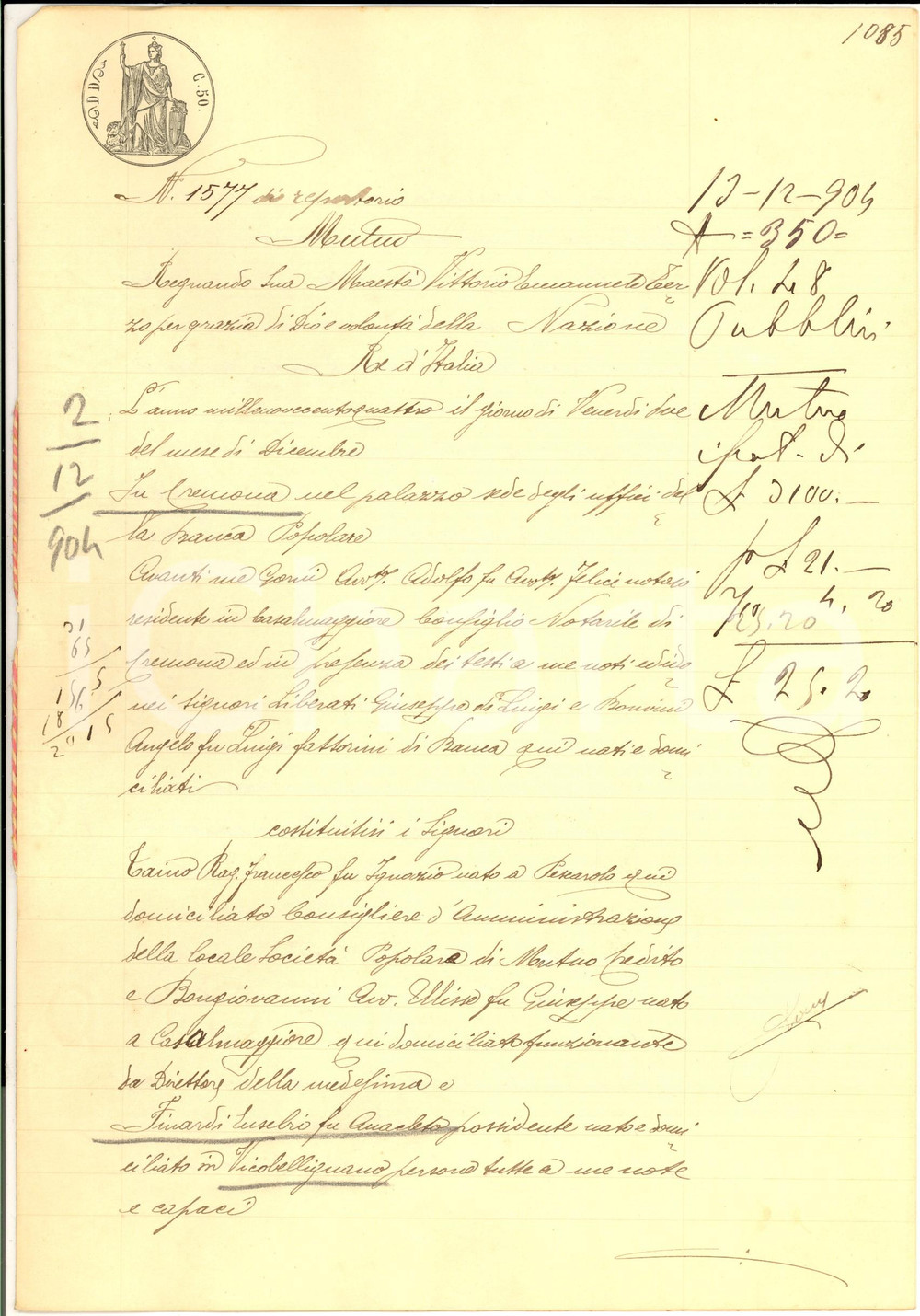 Documento originale, autentico 1904 CREMONA Prestito della SocietÃ  Popolare Mutuo Credito a Eusebio FINARDI 1