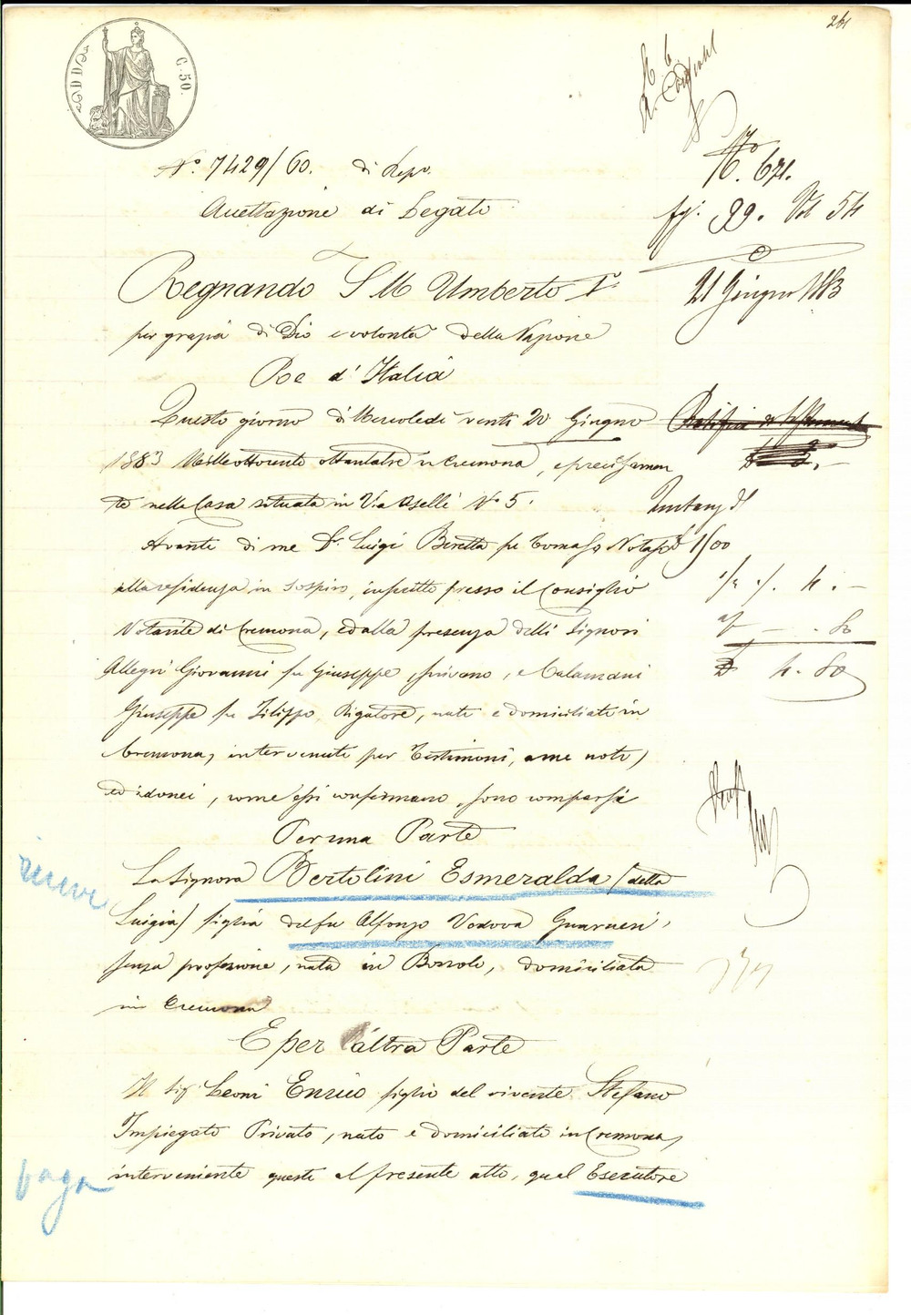 Documento originale, autentico 1883 CREMONA Esmeralda BERTOLINI accetta legato testamentario Amilcare GUARNERI 1