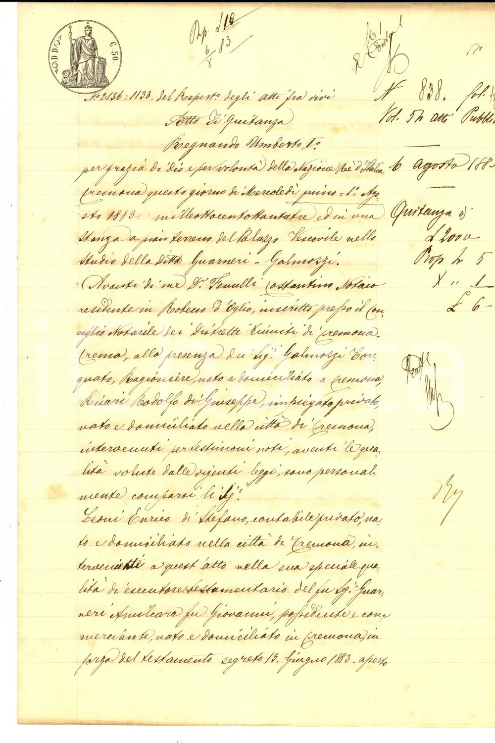 Documento originale, autentico 1883 CREMONA Quietanza di Camillo CARLONI per legato defunto Amilcare GUARNERI 1