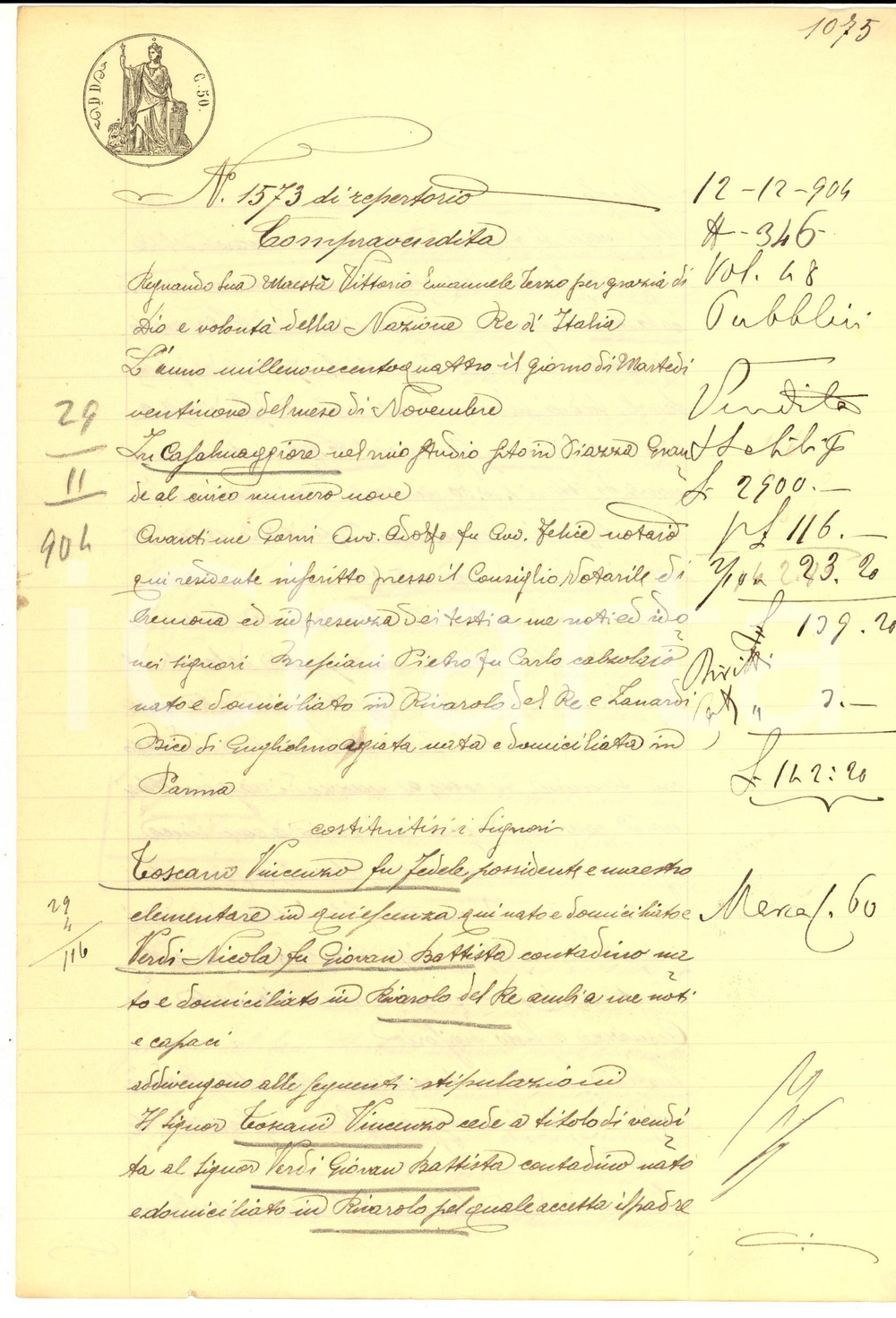 Documento originale, autentico 1904 RIVAROLO DEL RE CR Vincenzo TOSCANI vende terreno a Giovan Battista VERDI 1