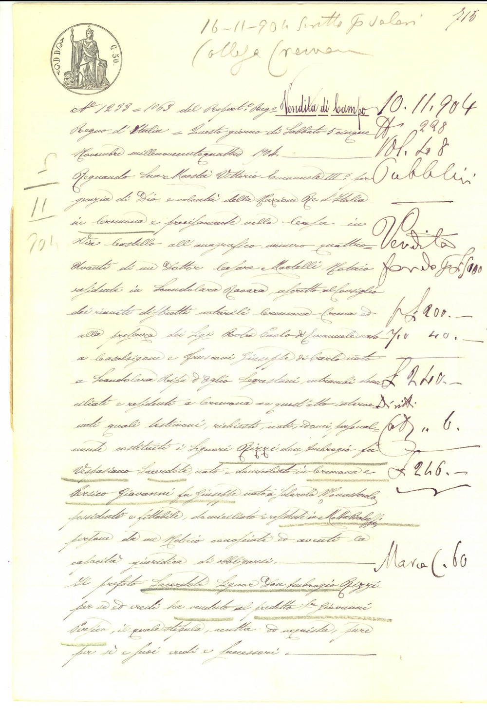 Documento originale, autentico 1904 CINGIA DE  BOTTI CR Don Ambrogio RIZZI vende campo a Giovanni PERSICO 1