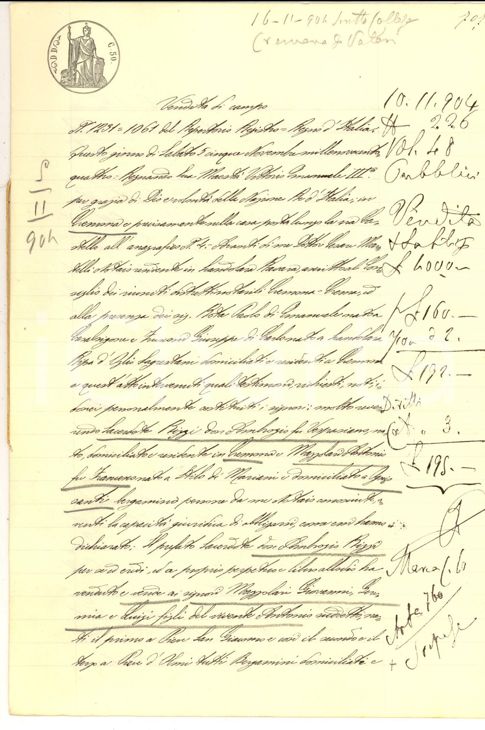 Documento originale, autentico 1904 CINGIA DE  BOTTI CR Don Ambrogio RIZZI vende campo a Giovanni MAZZOLARI 1