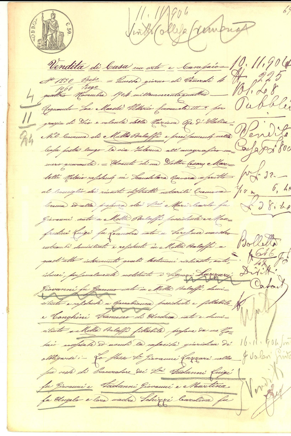 Documento originale, autentico 1904 MOTTA BALUFFI Giovanni LAZZERI vende casa a Francesco TONGHINI Manoscritto 1