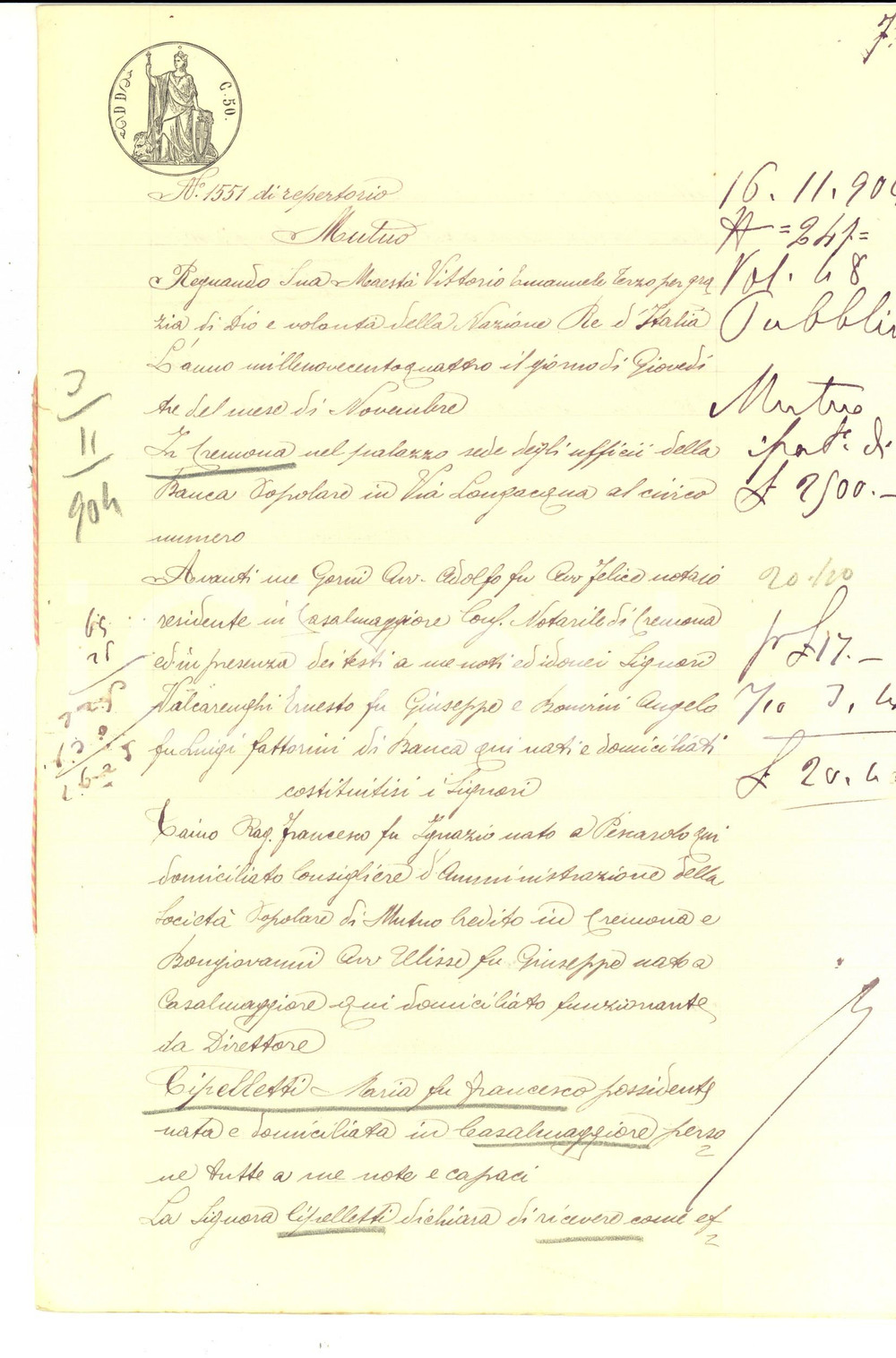 Documento originale, autentico 1904 CREMONA Prestito SocietÃ  Popolare di Mutuo Credito a Maria CIPELLETTI 1