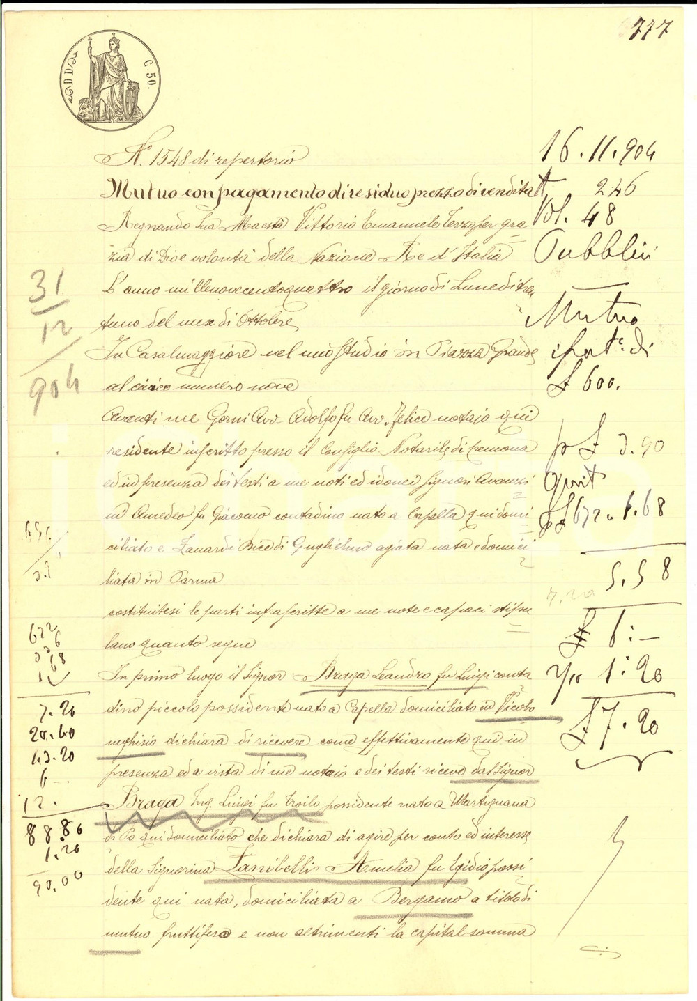 Documento originale, autentico 1904 CASALMAGGIORE Mutuo e saldo vendita Amelia ZANIBELLI  Fabrizio BERNARDELLI 1