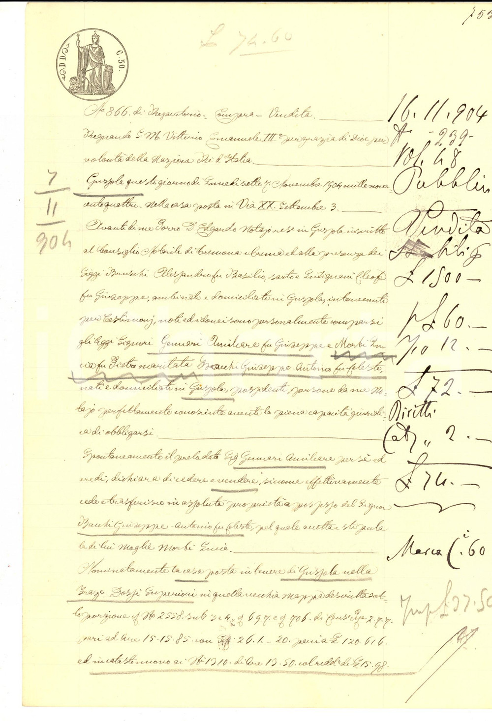 Documento originale, autentico 1904 GUSSOLA CR Amilcare GENNARI vende casa a Giuseppe BACCHI frazione DOSSI 1