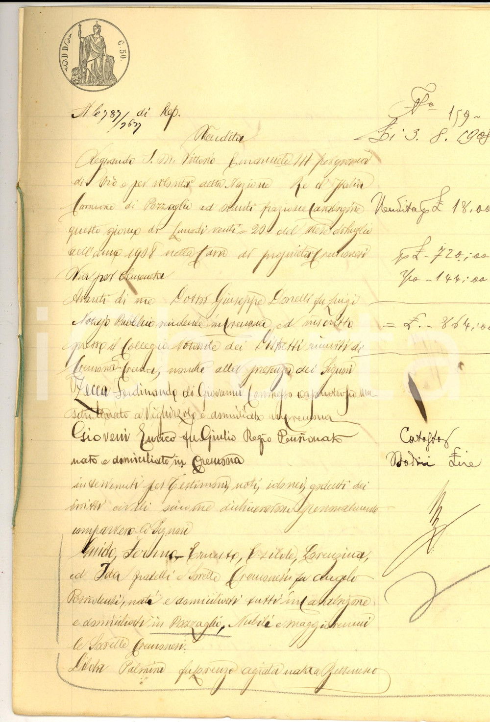 Documento originale, autentico 1904 CREMONA Famiglia CREMONESI vende casa via CANOBBIO a Giacomo GEREVINI 1