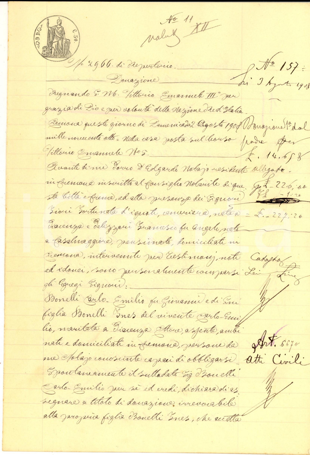 Documento originale, autentico 1904 CREMONA Carlo Emilio BONELLI dona casa con botteghe alla figlia Ines 1