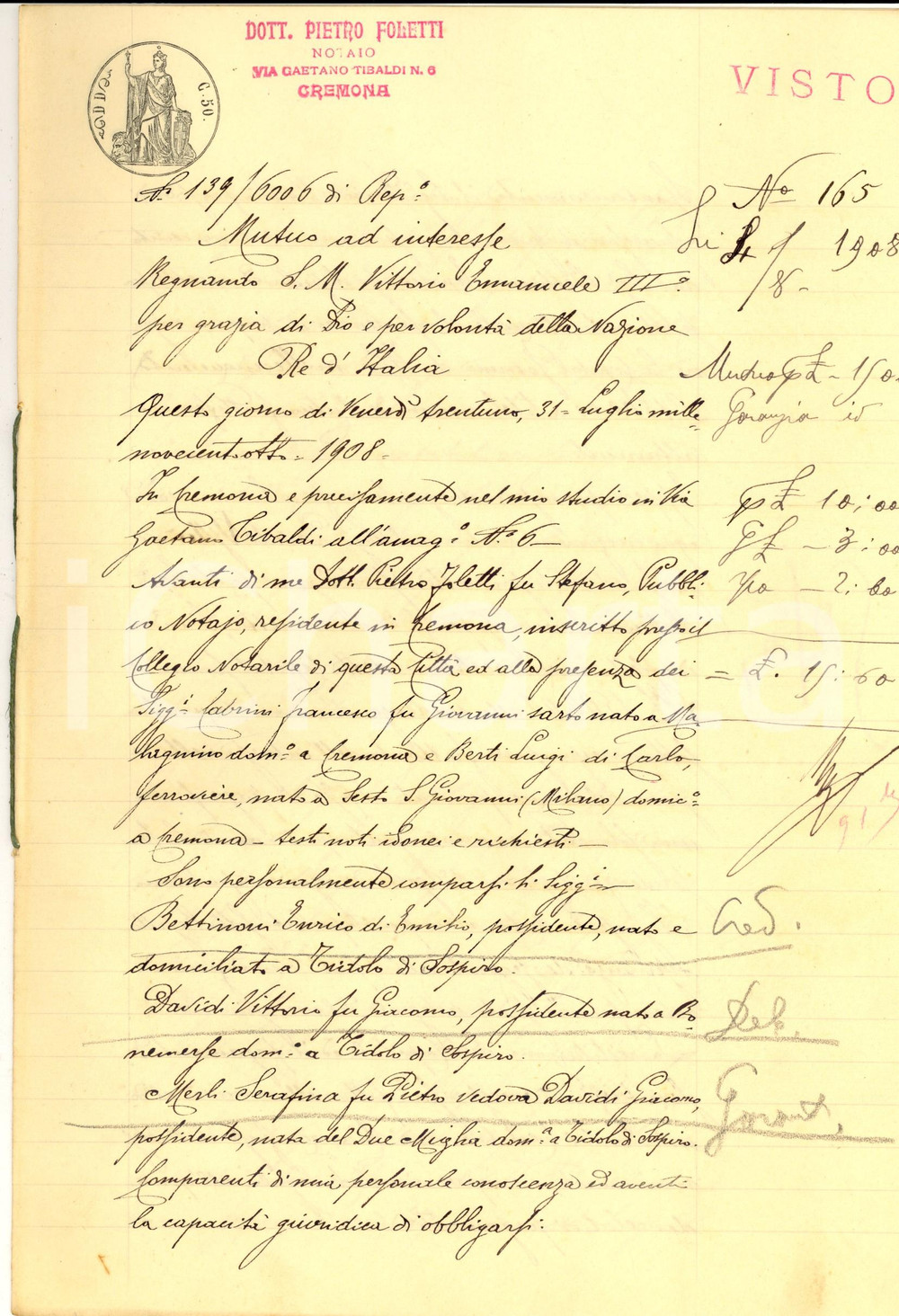 Documento originale, autentico 1908 TIDOLO DI SOSPIRO CR Prestito di Enrico BETTINONI a Vittorio DAVIDI 1