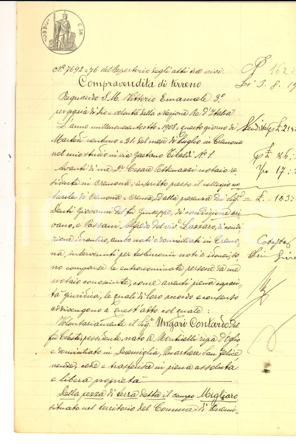 Documento originale, autentico 1908 DUEMIGLIA CREMONA Contardo UNGARI vende campo MIGLIARO ai fratelli GREMIZZI 1