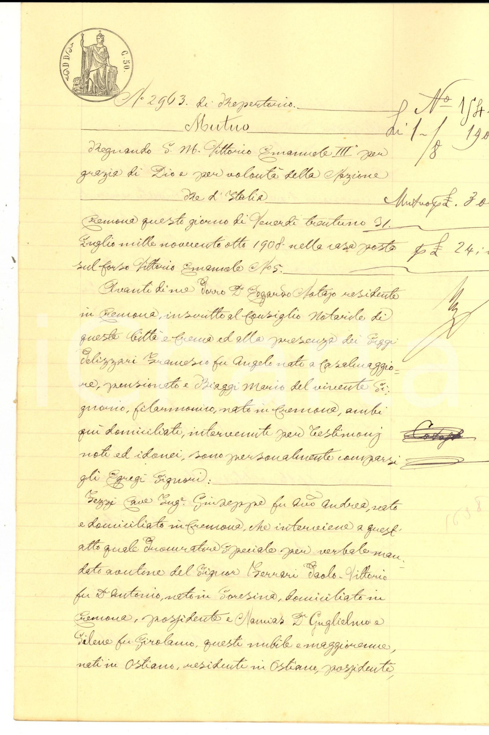 Documento originale, autentico 1908 CREMONA Contratto prestito Paolo Vittorio FERRARI a ebreo Guglielmo NAMIAS 1
