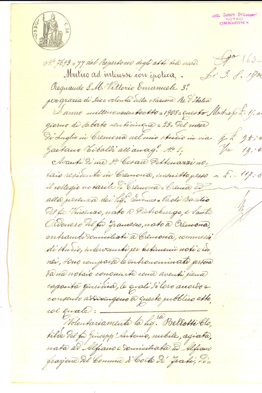 Documento originale, autentico 1908 ALFIANO/ CORTE DE  FRATI CR Prestito Clotilde BELLOTTI a Virgilio ILLICA 1