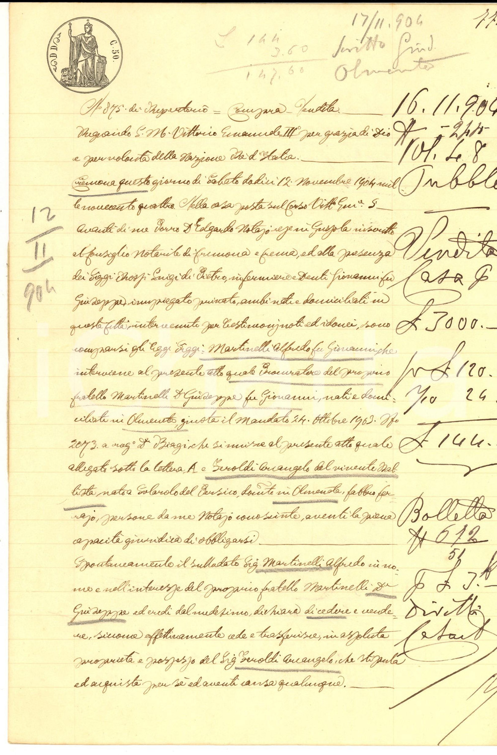 Documento originale, autentico 1904 OLMENETA Alfredo MARTINELLI vende casa ad Arcangelo FEROLDI Manoscritto 1