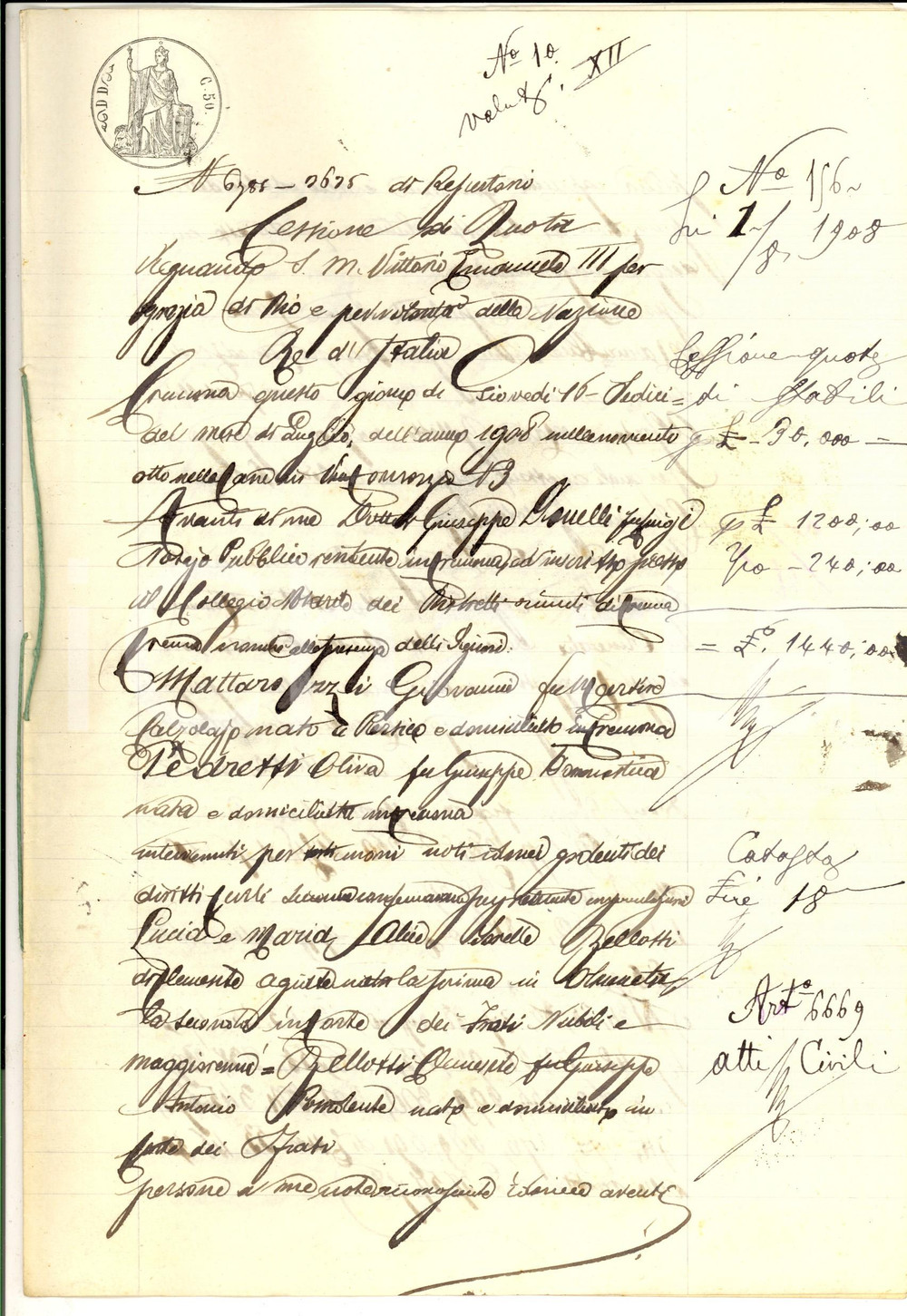 Documento originale, autentico 1908 OLMENETA Cessione di quota ereditaria delle sorelle BELLOTTI ai fratelli 1