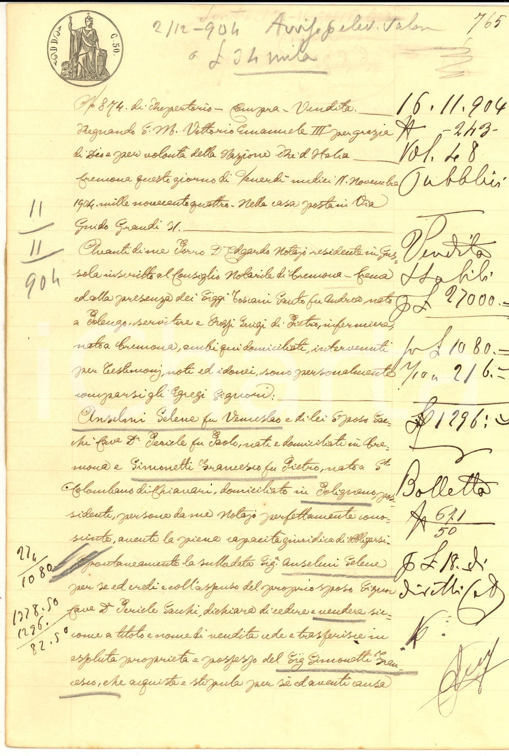 Documento originale, autentico 1904 POLIGNANO PC Selena ANSELMI vende poderetto a Francesco SIMONETTI 1