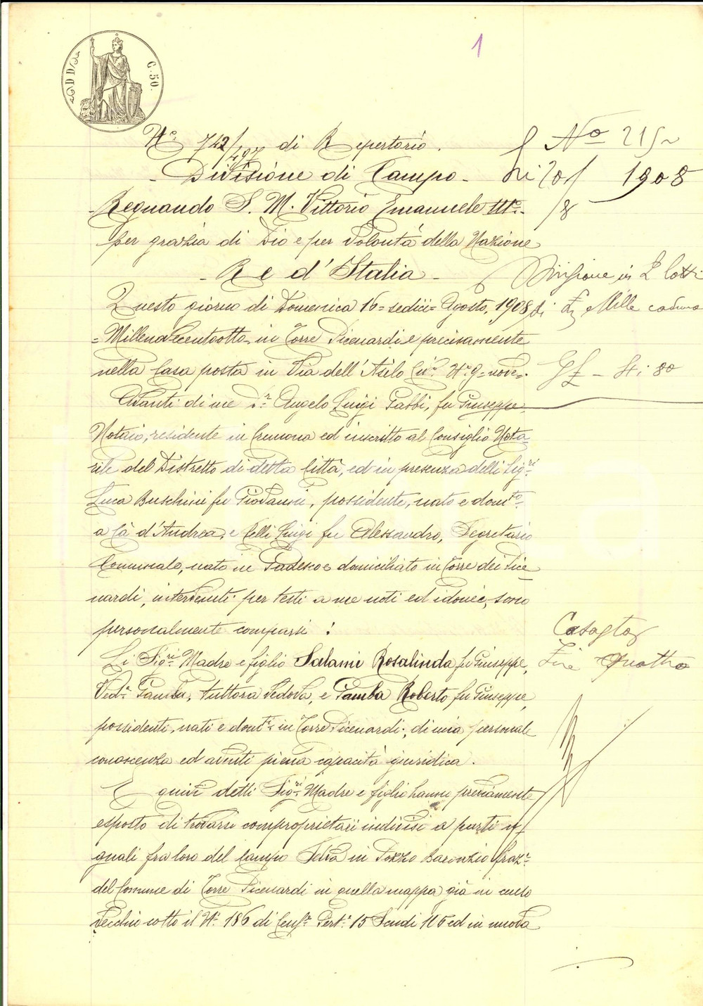 Documento originale, autentico 1908 TORRE DE  PICENARDI Divisione campo tra Rosalinda SALAMI e Roberto GAMBA 1