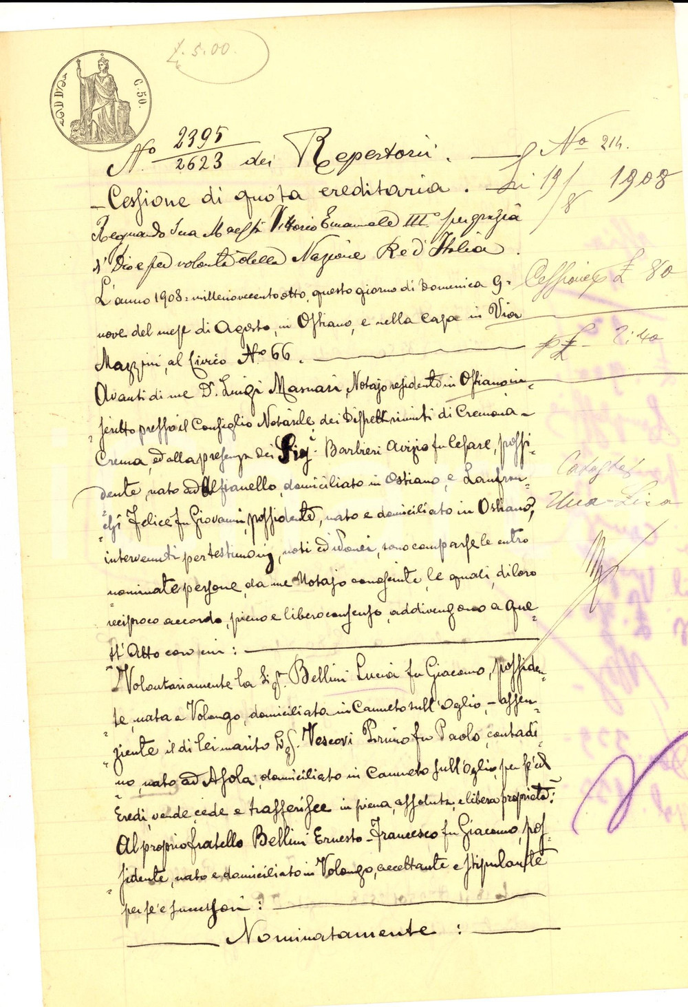 Documento originale, autentico 1908 VOLONGO CR Cessione quota ereditaria di Lucia BELLINI al fratello Ernesto 1