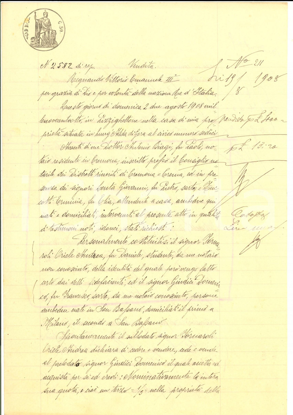Documento originale, autentico 1908 SAN BASSANO CR Oriele FORNAROLI vende a Domenico GIUDICI quota casa 1