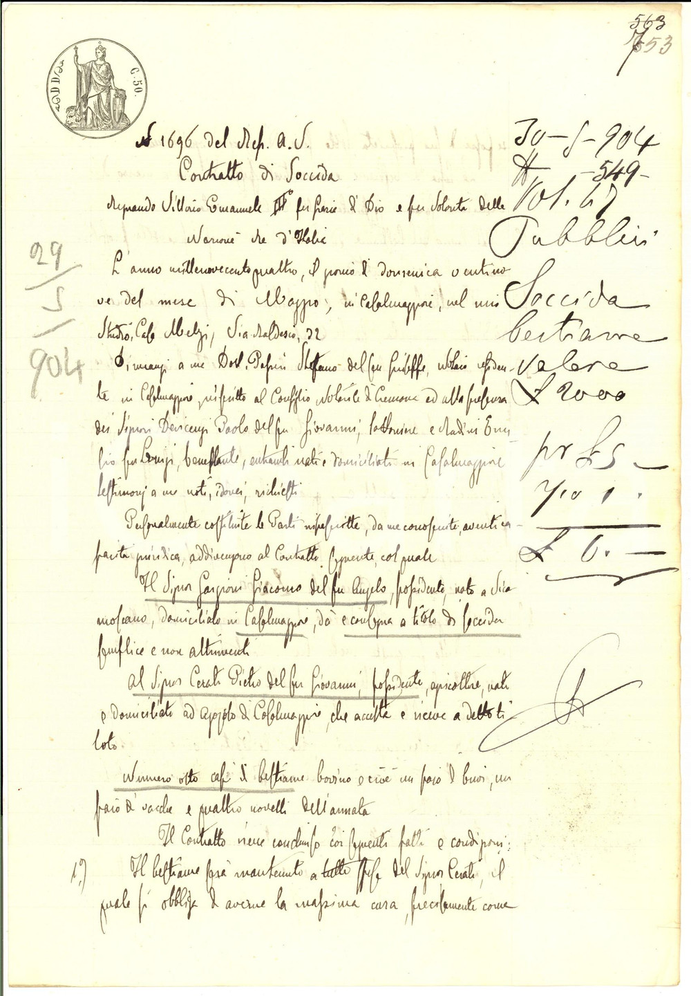 Documento originale, autentico 1908 CASALMAGGIORE CR Contratto di soccida per capretti a Pietro CERATI 1